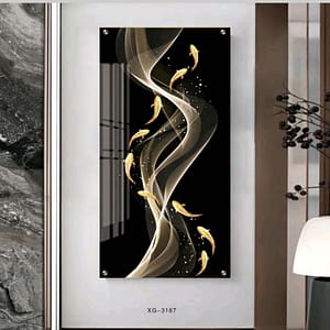 תמונה פנורמית לסלון דגי זהב על רקע שחור אבסטרקטי