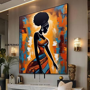 תמונה יוקרתית מרובעת לסלון אישה אפריקאית ומריחות צבעים