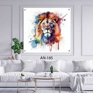 תמונת זכוכית מרובעת לסלון של אריה צבעוני