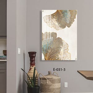 תמונה יפה לסלון מזכוכית של עלים ברקע שמנת