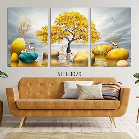 תמונות זכוכית לסלון של איילים וחלוקי נחל מזהב