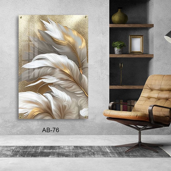 תמונה לסלון מזכוכית של נוצות ברקע זהב