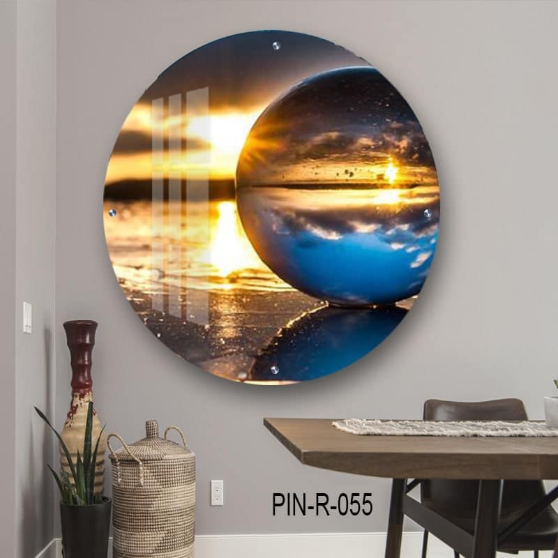 תמונת זכוכית עגולה לחדר שינה של שקיעה בעיגול