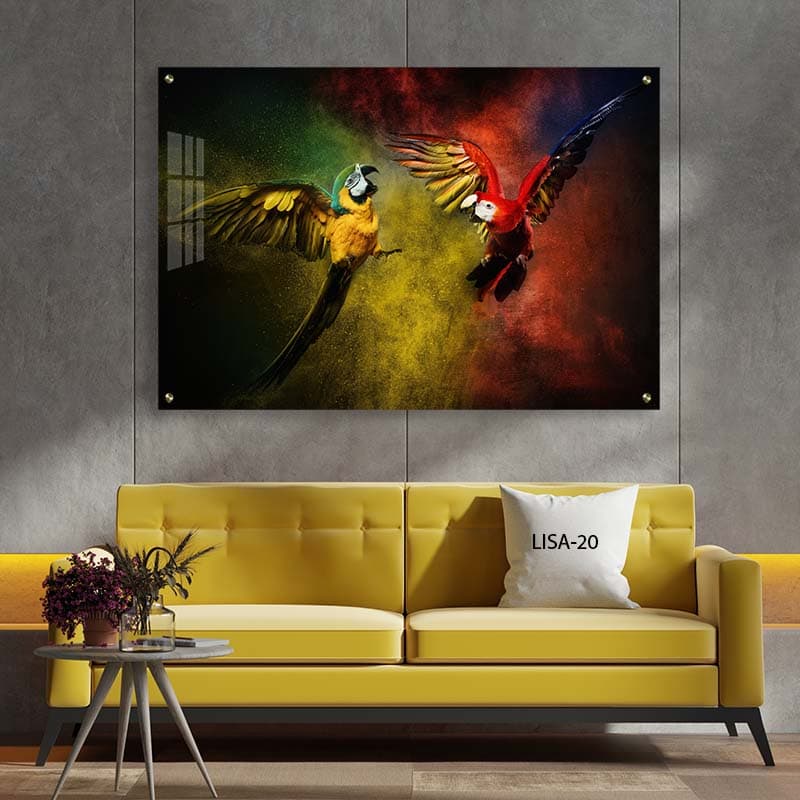 תמונה לפינת האוכל מזכוכית של תוכים מפזרים צבע