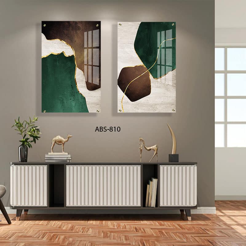זוג תמונות זכוכית לסלון של אבסטרקט ירוק חום