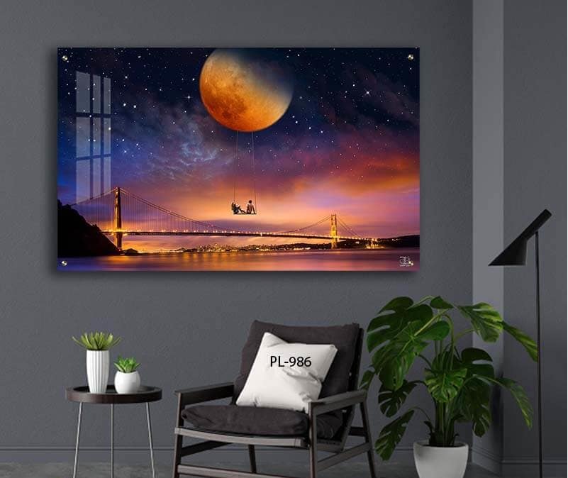 תמונת נוף לסלון מזכוכית של גשר וירח