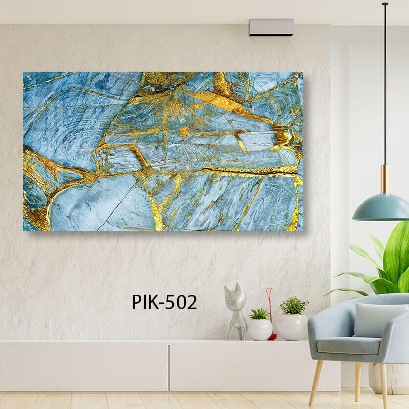 תמונת אבסטרקט לסלון מזכוכית בצבע כחול זהב